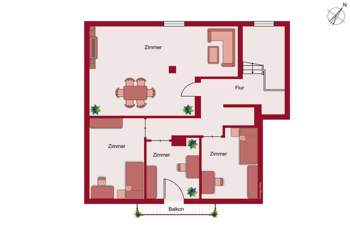 Grundriss des Obergeschosses mit mehreren Zimmern und einem Balkon.