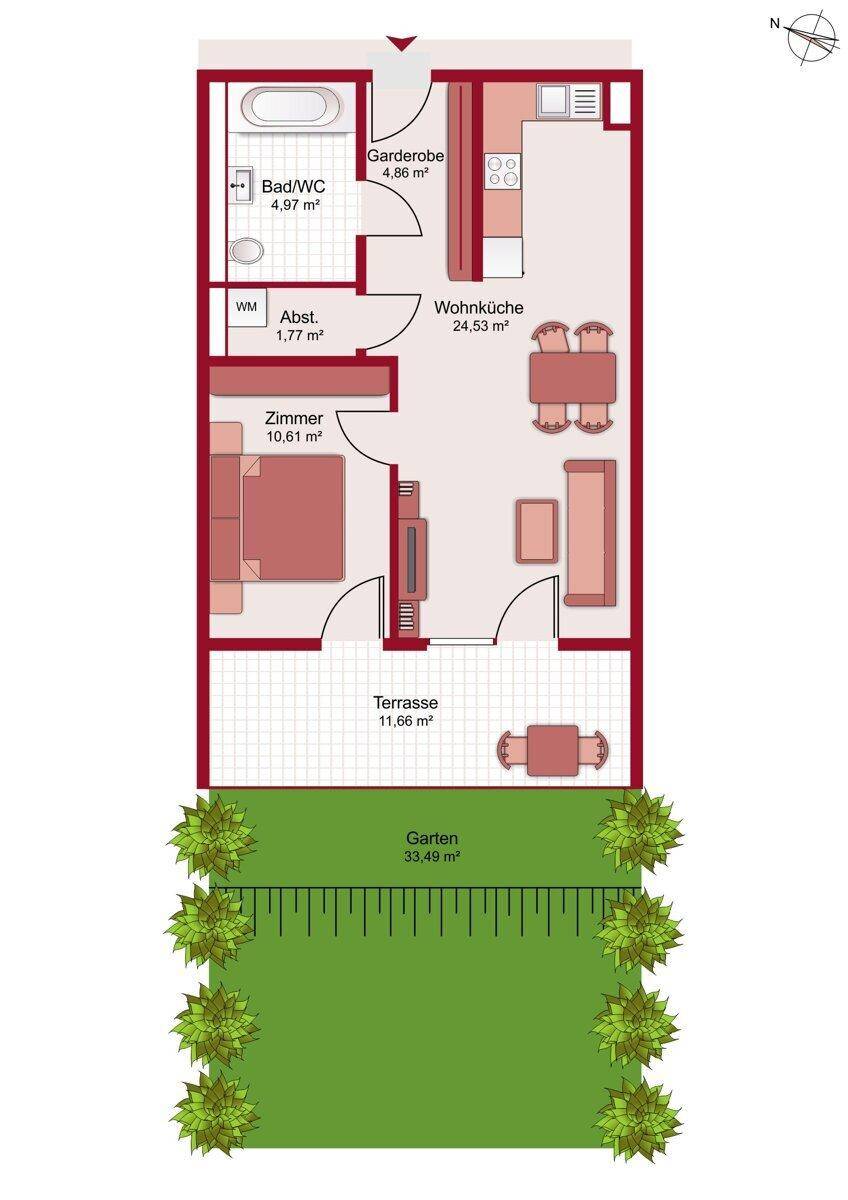 Grundriss einer Wohnung mit offener Wohnküche, Schlafzimmer, Bad, Garderobe, Abstellraum, Terrasse und Garten.