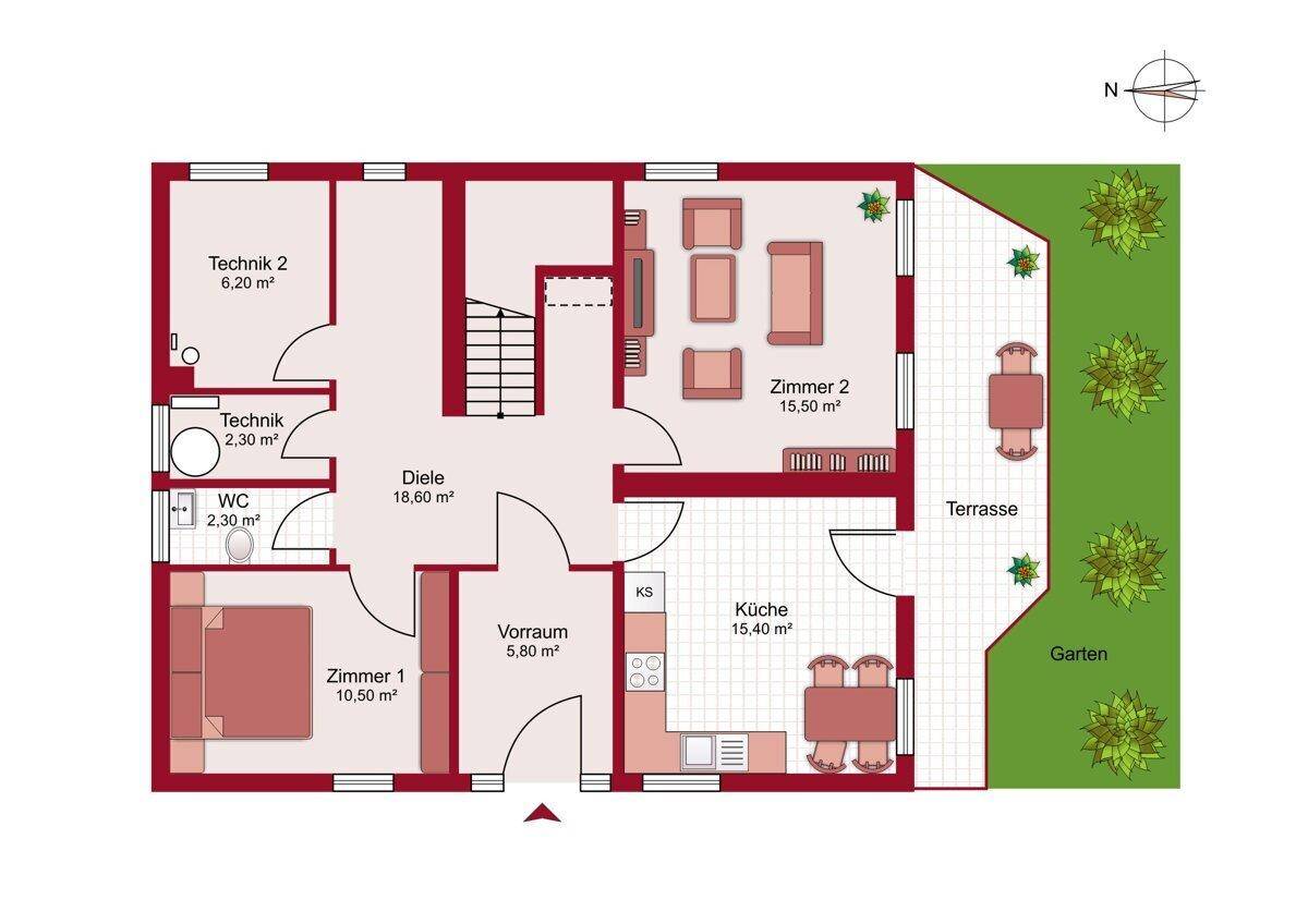 Grundriss des Erdgeschosses mit Küche, Wohnzimmer, Schlafzimmer, WC, Technikräumen, Terrasse und Garten.