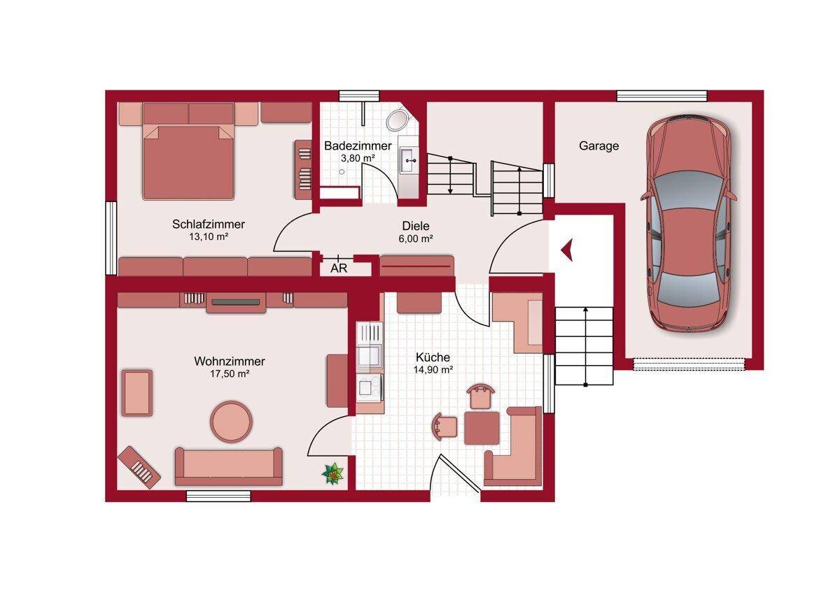 Grundriss des Erdgeschosses mit Wohnzimmer, Küche, Schlafzimmer und Garage.