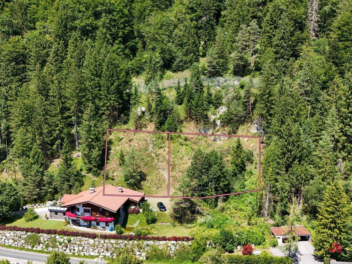 Luftbild eines Hauses mit angrenzenden, markierten Grundstücken an einem bewaldeten Hang.