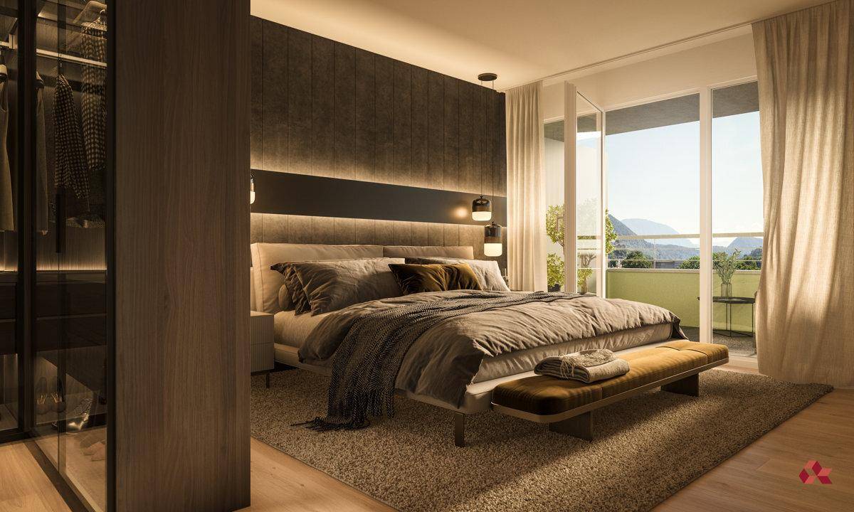 Modernes Schlafzimmer mit großem Bett, dunkler Akzentwand und Zugang zu einem Balkon mit Bergblick.