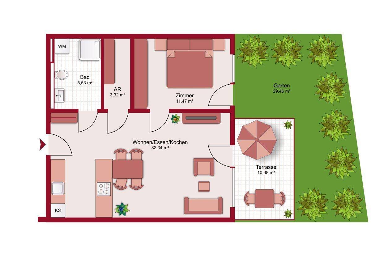 Grundriss einer Wohnung mit offenem Wohnbereich, Schlafzimmer, Bad, Terrasse und Garten.