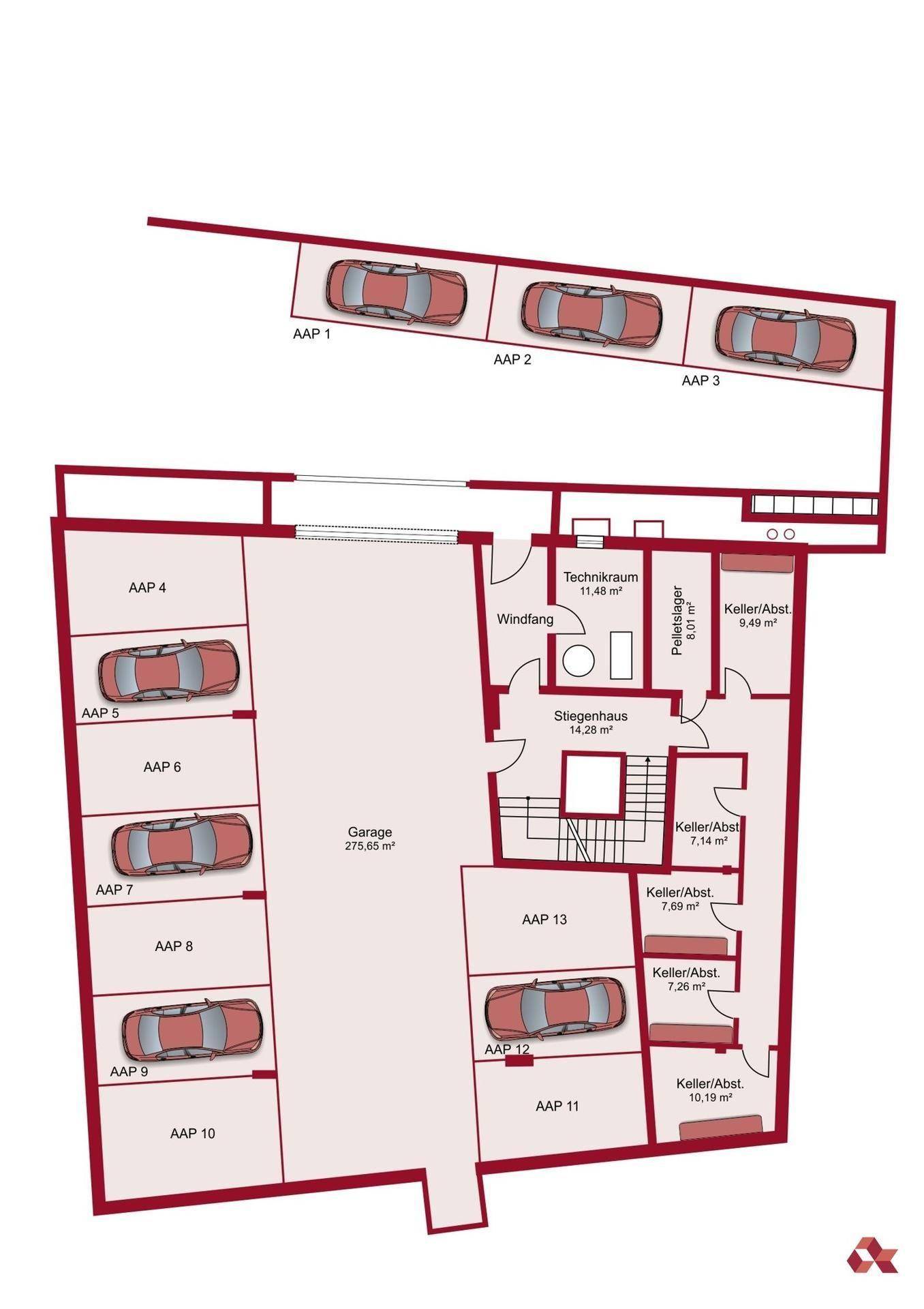 Grundriss des Untergeschosses mit Tiefgarage, Technikraum und Kellerabteilen.