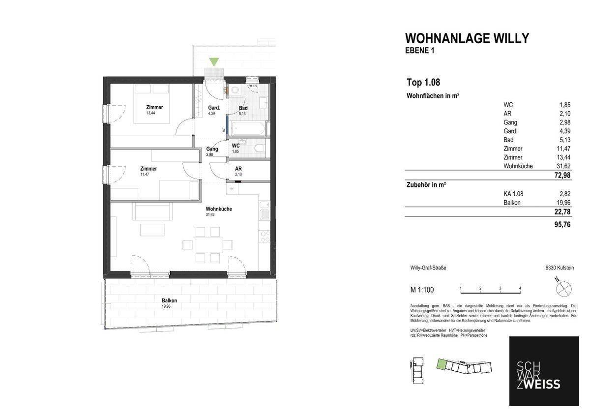 Grundriss der Wohnung Top 1.08 in der Wohnanlage Willy mit zwei Zimmern, Wohnküche und Balkon.