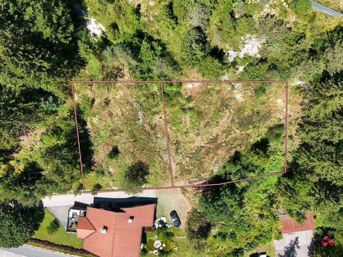 Nahaufnahme aus der Luft von zwei markierten Grundstücken, umgeben von Wald und einem angrenzenden Haus.