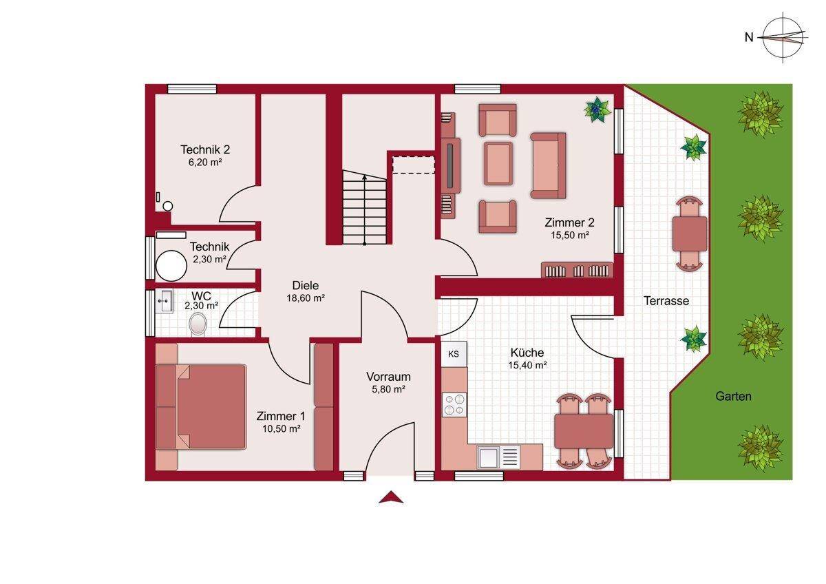 Grundriss des Erdgeschosses mit Küche, Wohnzimmer, Schlafzimmer, WC und Zugang zu Terrasse und Garten.
