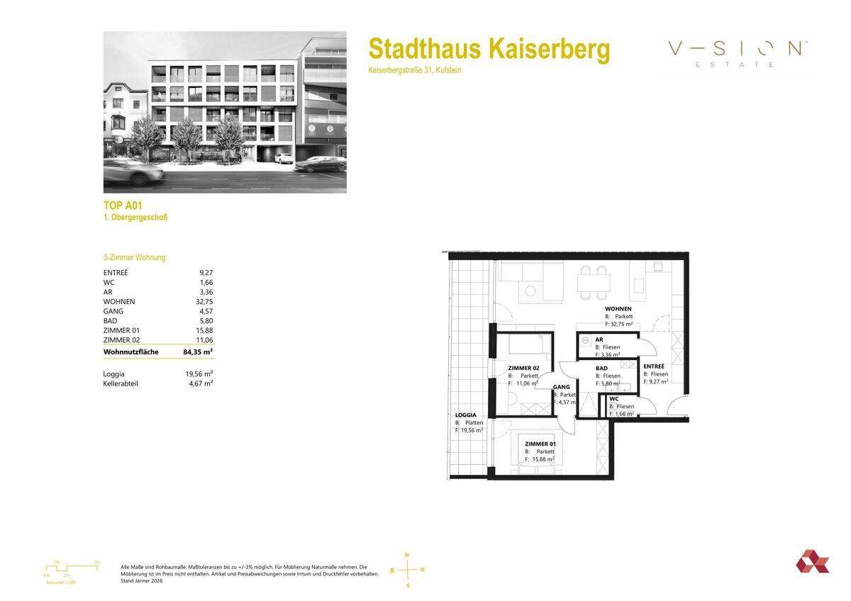 Grundrissplan einer Wohnung mit Loggia und zwei Schlafzimmern, inklusive Flächenangaben.