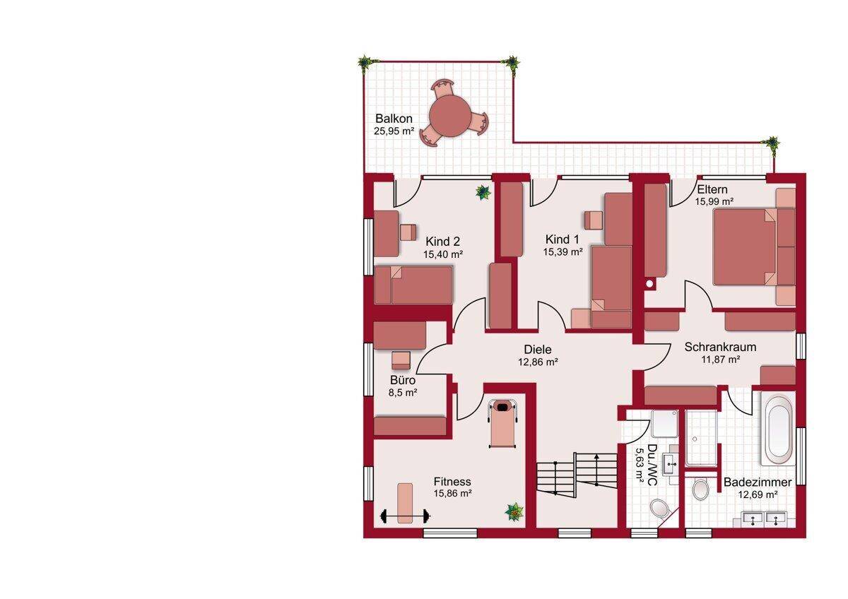 Grundriss des Obergeschosses mit Schlafzimmern, Büro, Fitnessbereich und Balkon.