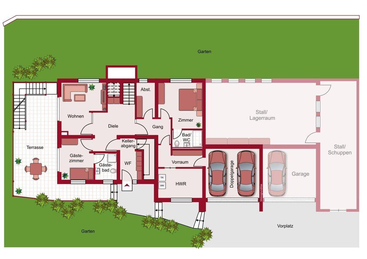 Grundriss des Erdgeschosses mit Wohnbereich, Gästezimmer, Bad, Doppelgarage und Lagerräumen.