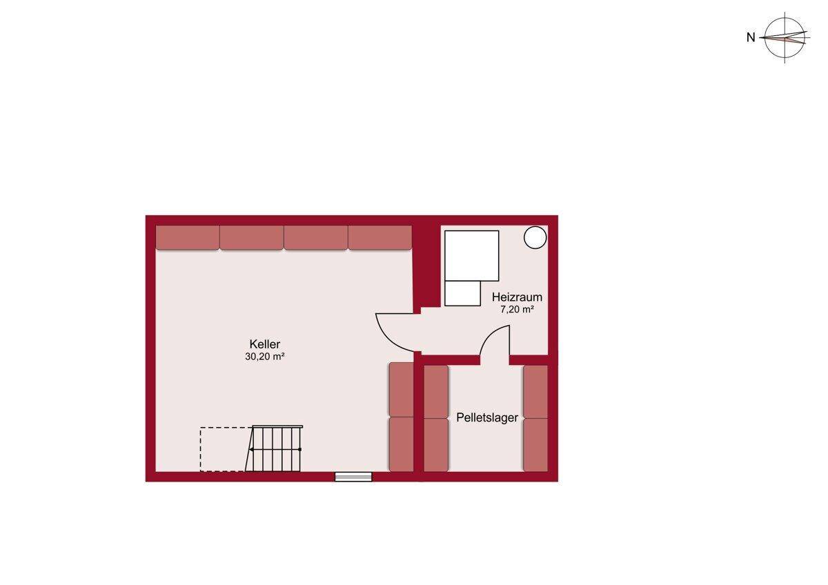 Grundriss des Kellers mit Heizraum, Pelletslager und zusätzlichem Stauraum.
