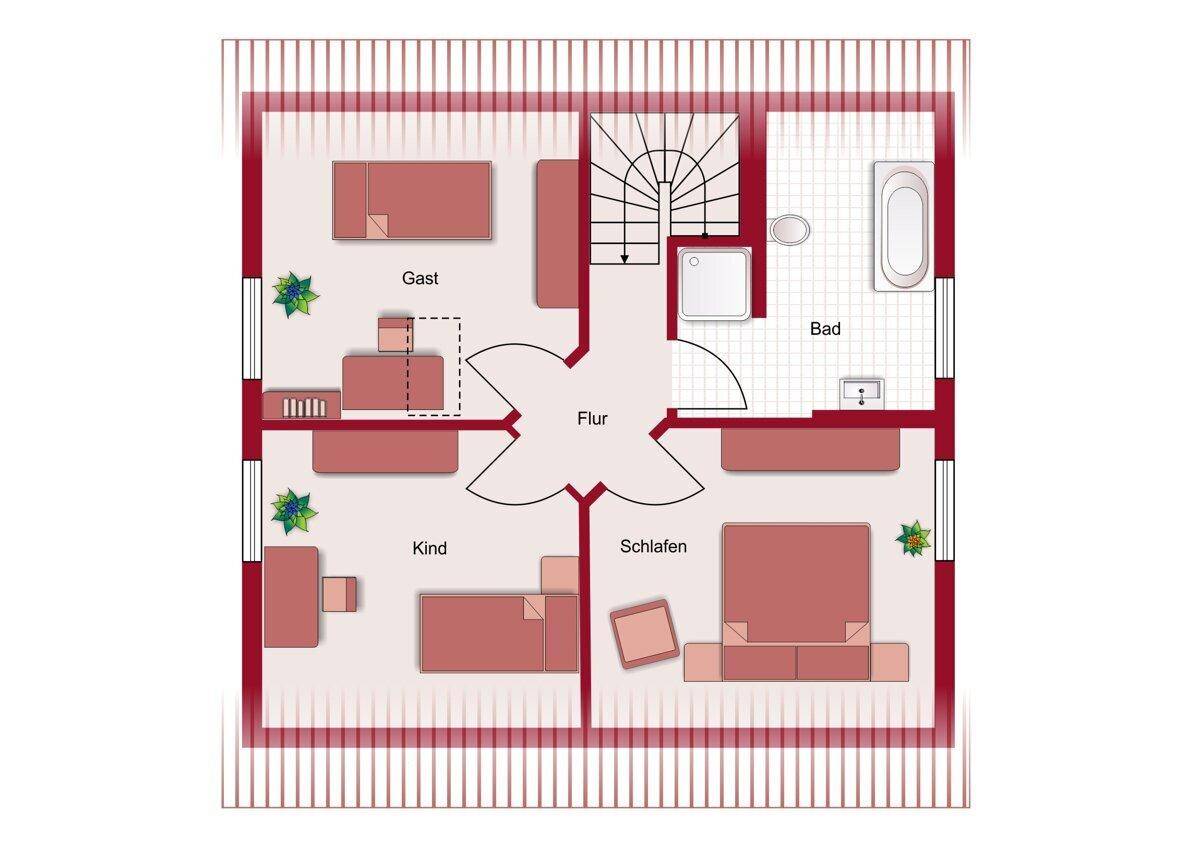 Grundriss des Obergeschosses mit drei Schlafzimmern, Badezimmer und Flur.