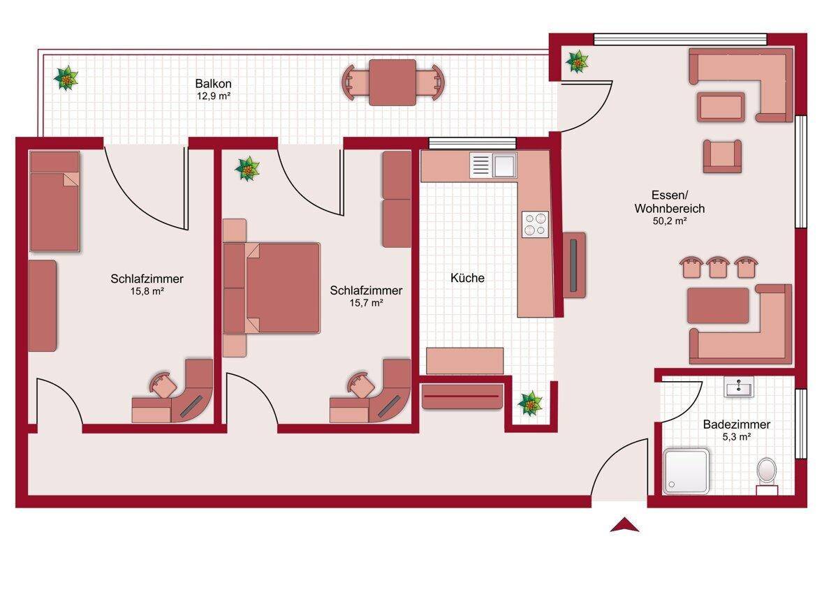 Grundriss einer Wohnung mit zwei Schlafzimmern, offenem Wohn-/Essbereich, separater Küche und Balkon.