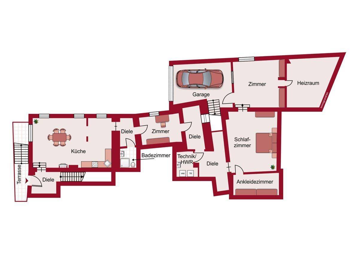 Grundriss des Erdgeschosses mit Küche, Garage, Schlafzimmer und Terrasse.