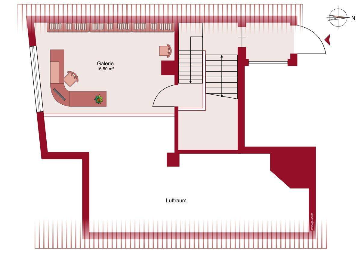 Grundriss des Obergeschosses mit Galerie und offenem Luftraum, der eine großzügige Atmosphäre schafft.