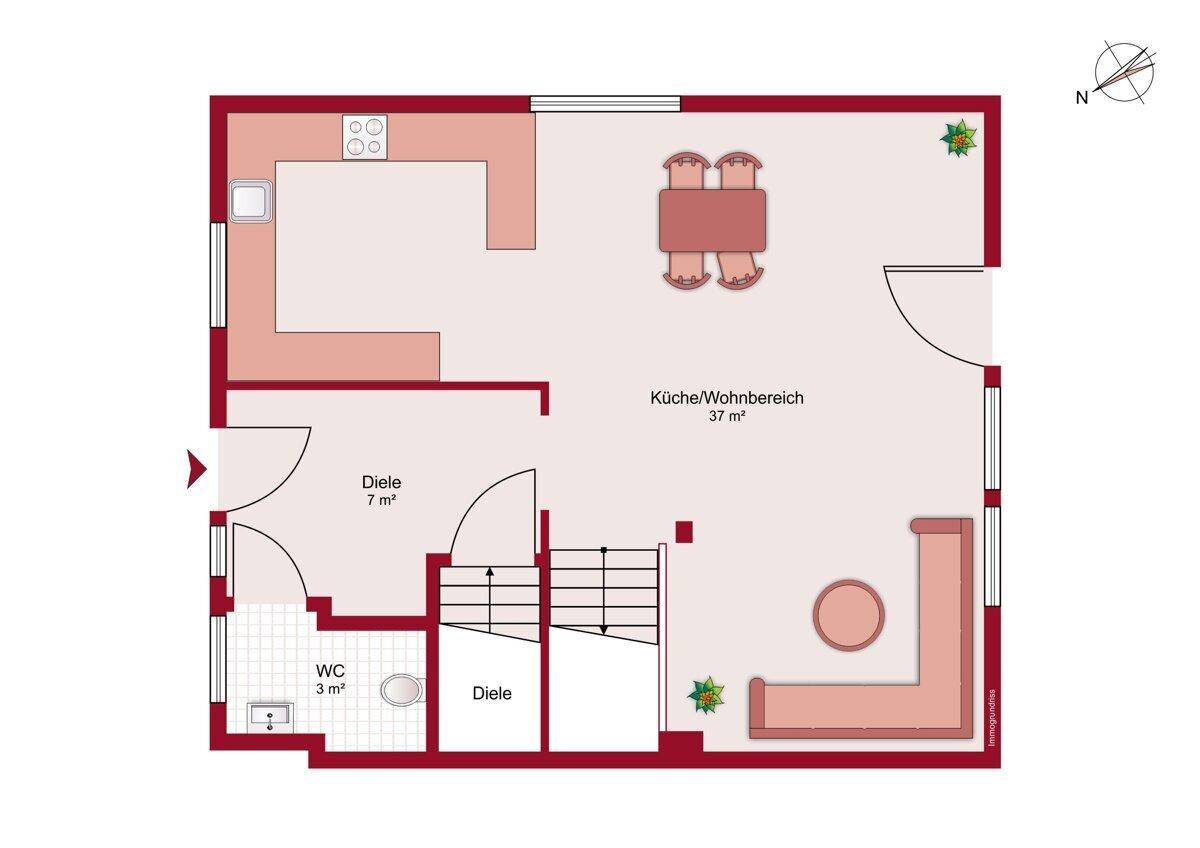 Grundriss des Erdgeschosses mit offenem Küchen-/Wohnbereich, Diele und separatem Gäste-WC.