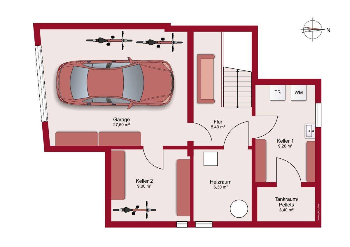 Grundriss des Untergeschosses mit Garage, zwei Kellerräumen, Heizraum und Flur.