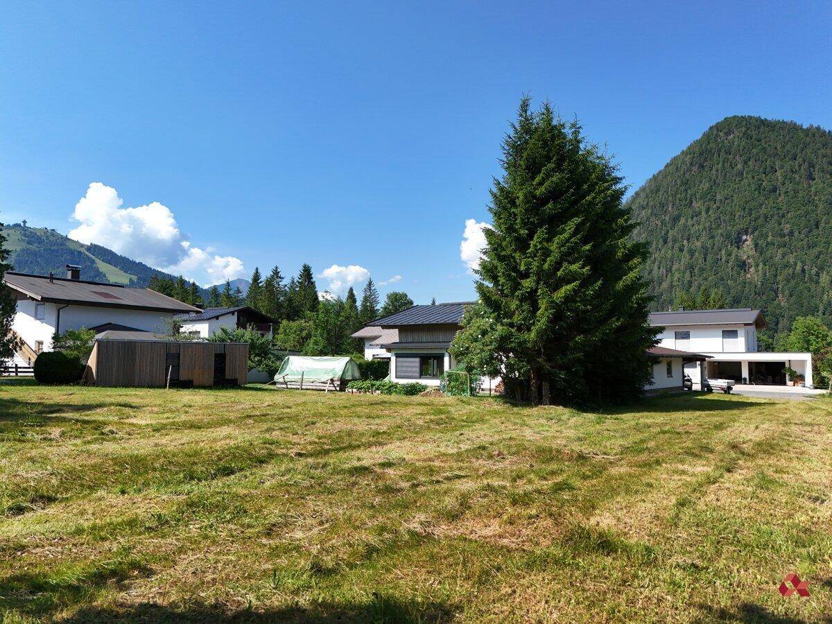Sonnige Wiesenlandschaft mit vereinzelten Häusern und bewaldeten Bergen im Hintergrund.