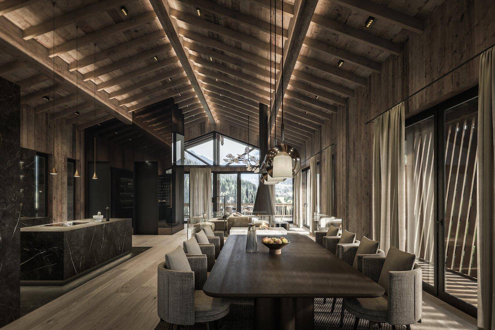 Eleganter Essbereich mit langem Holztisch, modernen Stühlen und Blick auf die umliegende Berglandschaft.