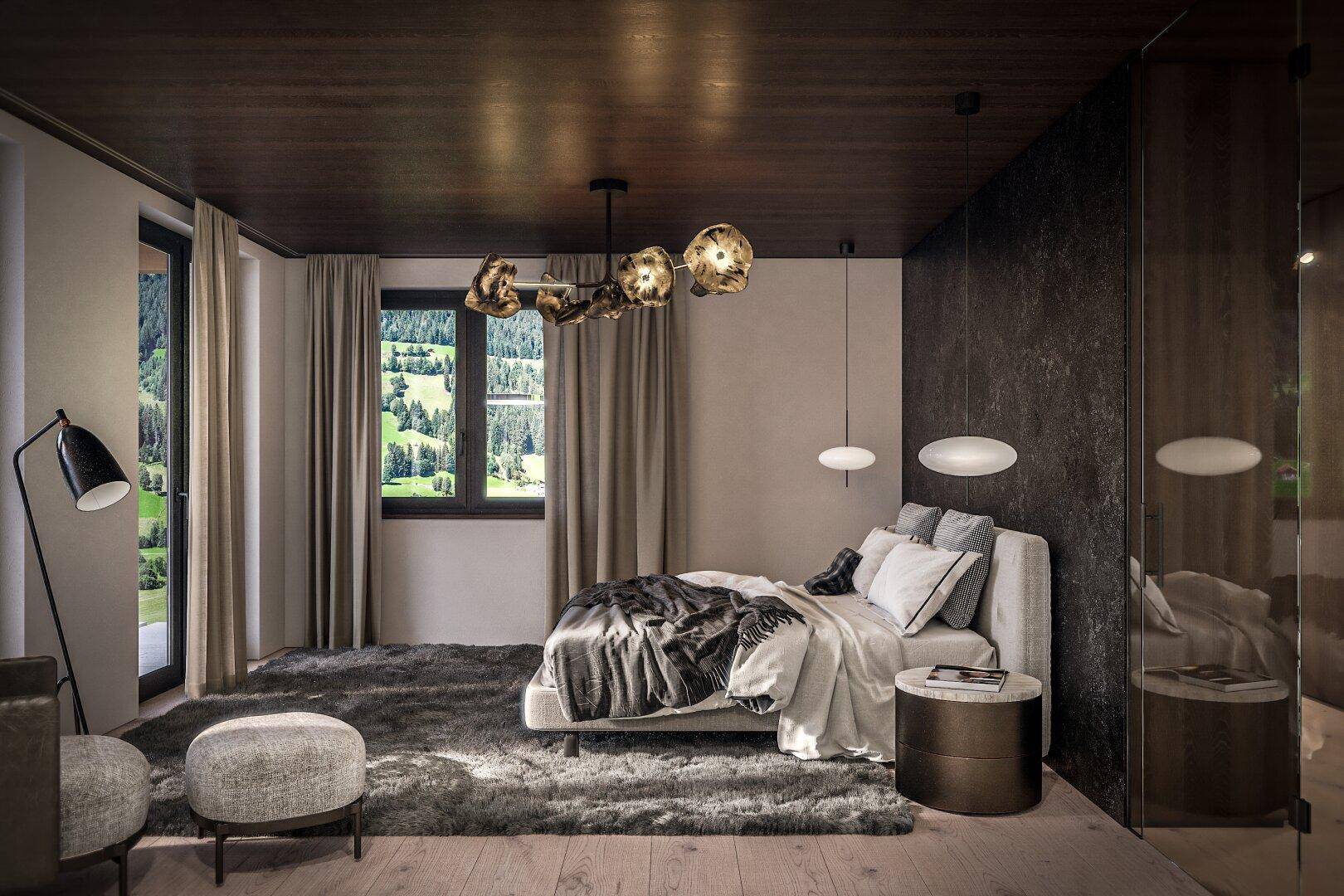 Modernes Schlafzimmer mit dunkler Holzdecke, gemütlichem Teppich und Blick ins Grüne.