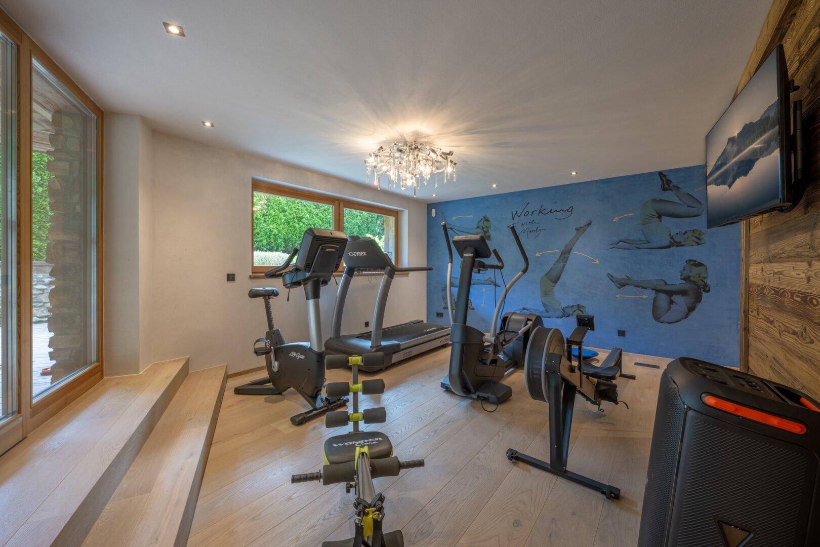 Privater Fitnessraum mit verschiedenen Trainingsgeräten, großen Fenstern und Wandmalerei.