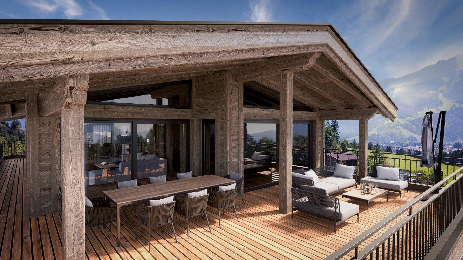 Geräumiger Balkon mit Holzboden, großem Esstisch und bequemen Lounge-Sesseln für gesellige Stunden.