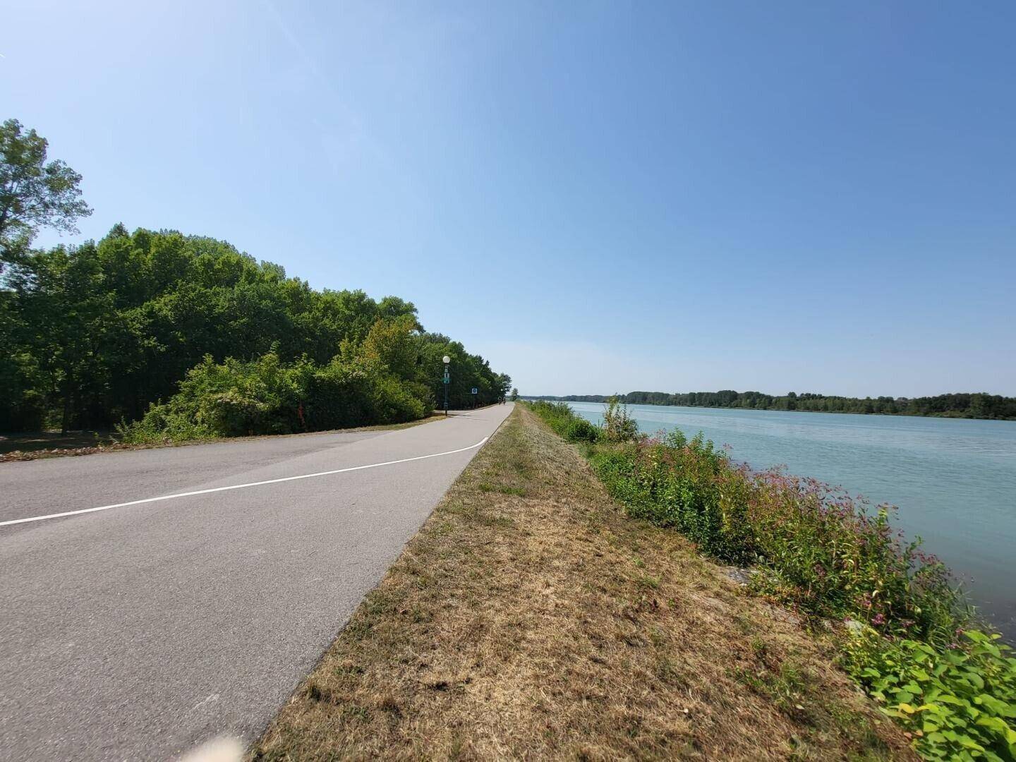 Uferweg entlang des Flusses mit Bäumen und weitem Blick auf das Wasser.