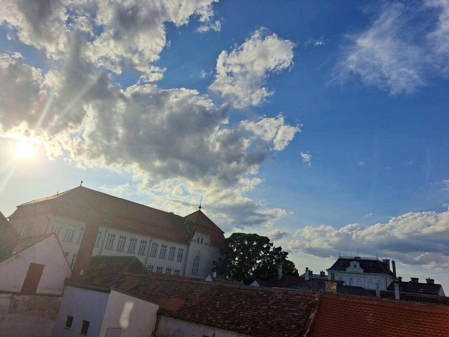 Malerischer Ausblick über Dächer und historische Gebäude unter einem weiten Himmel.
