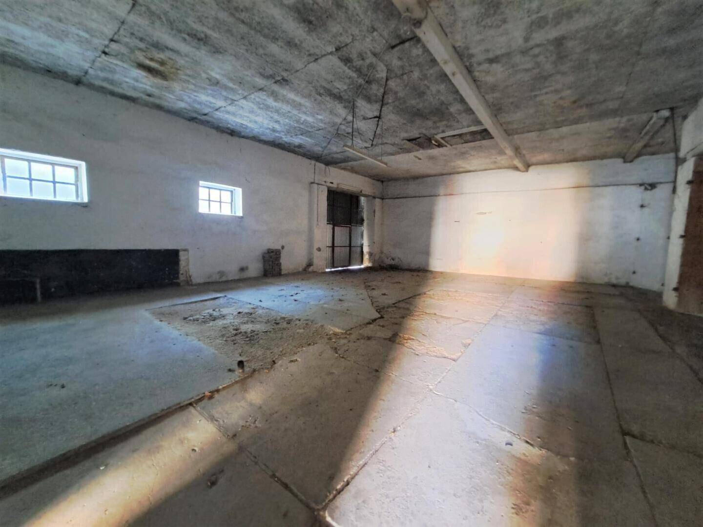 Großer, leerer Raum mit Betonboden und hohen Decken, ideal als Werkstatt oder Lager.