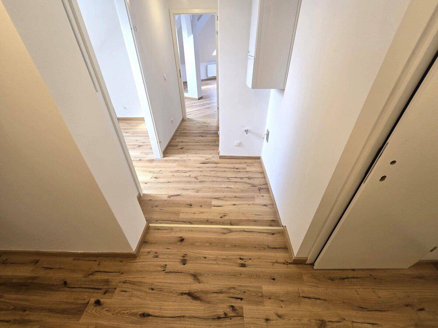 Heller Flur mit modernem Holzboden und Zugang zu weiteren Räumen, der viel natürliches Licht erhält.