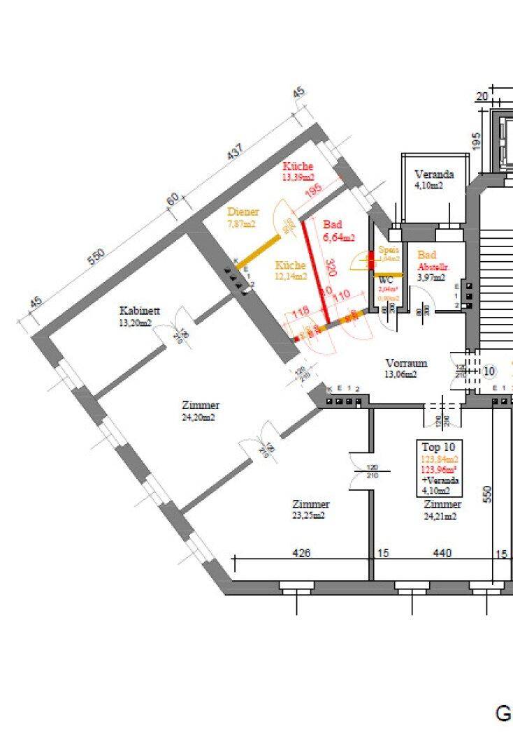 Grundriss einer Wohnung mit mehreren Zimmern, separater Küche, Bad, WC und einer Veranda.