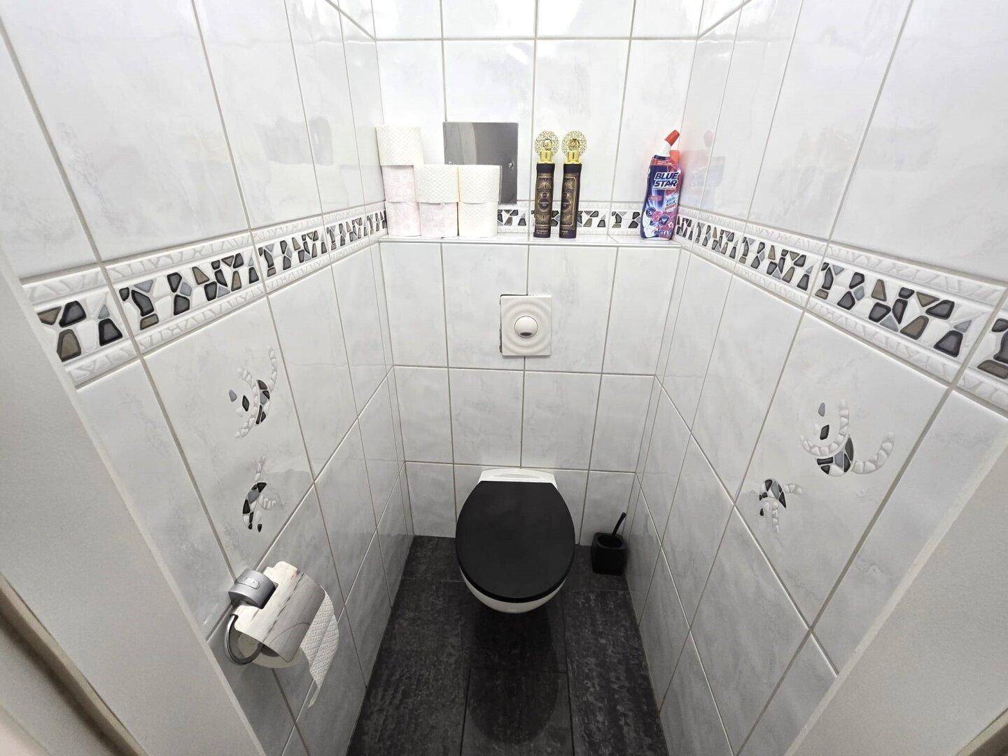 Separate Toilette mit weißen Fliesen und dunklem Boden, funktional und sauber.