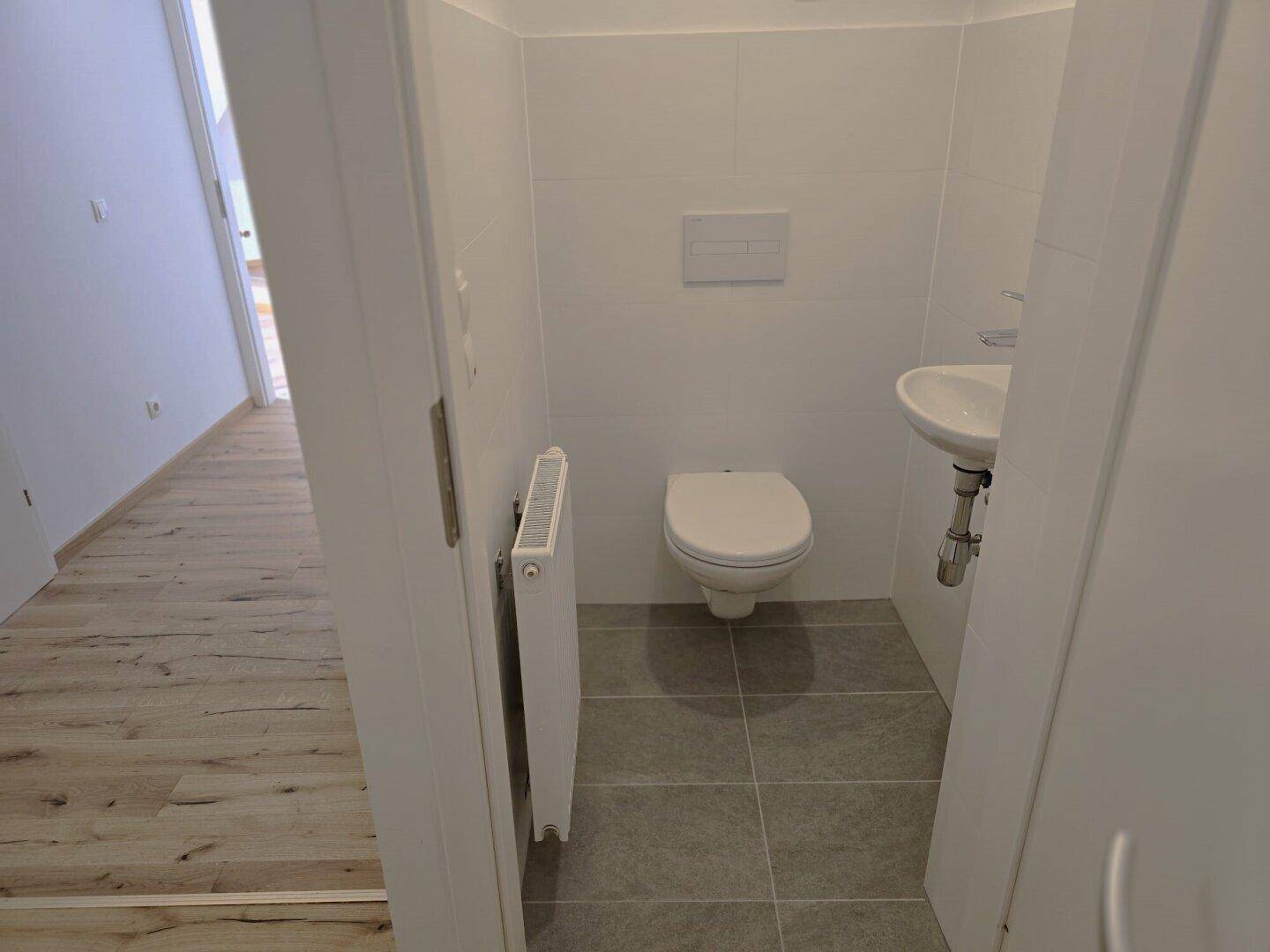 Modernes Gäste-WC mit Wand-WC, kleinem Waschbecken und grauen Fliesen.