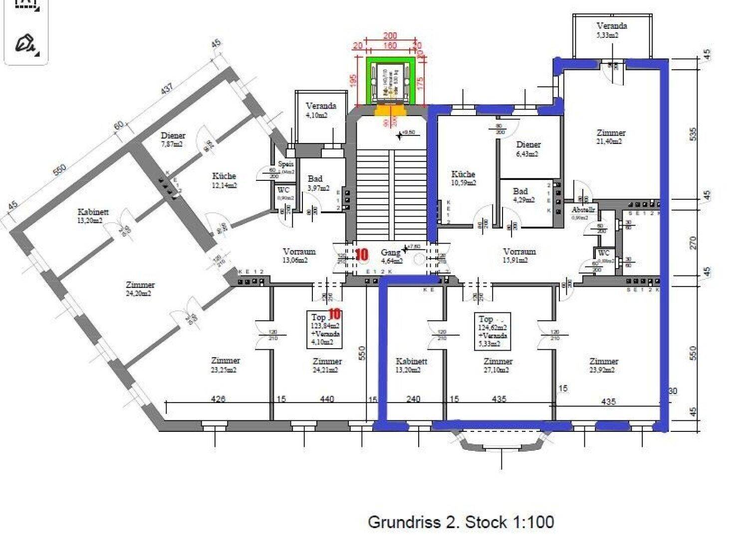 Detaillierter Grundriss des 2. Stocks mit Zimmeraufteilung und Flächenangaben.