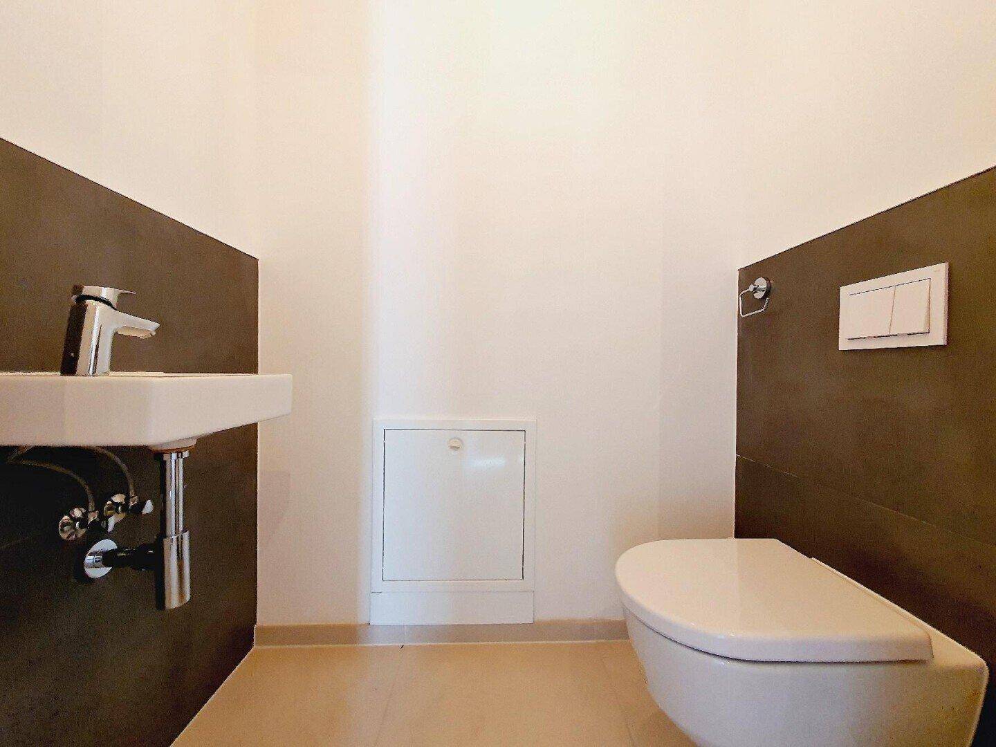 Kleines Gäste-WC mit modernem Waschbecken und wandhängender Toilette.