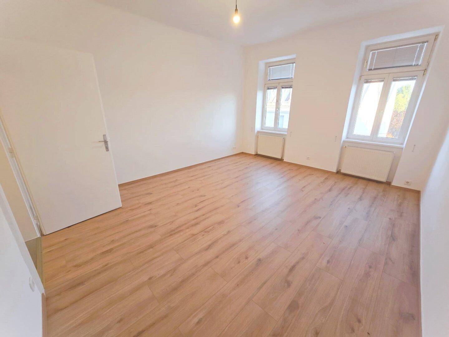 Geräumiges, leeres Zimmer mit hellem Laminatboden und zwei Fenstern, inklusive Tür.