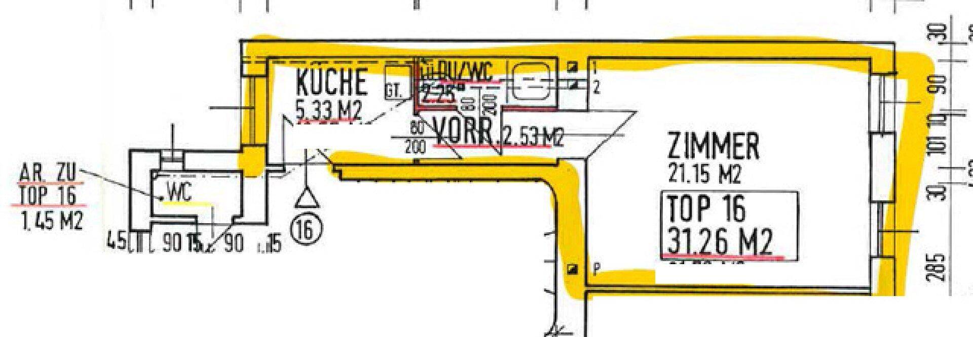 Grundriss der Wohnung mit Küche, Zimmer, Vorraum und zwei Bädern.