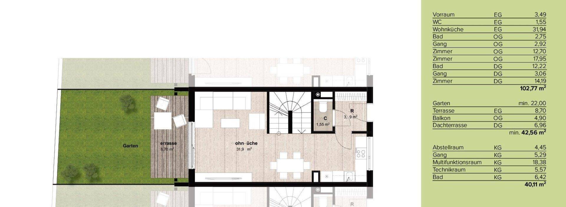 Grundriss Erdgeschoss mit Garten, Terrasse und offener Wohnküche.