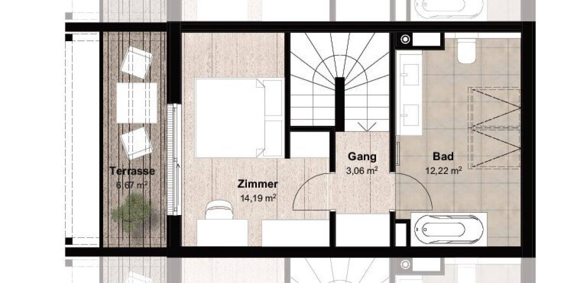 Grundriss Dachgeschoss mit Zimmer, großem Bad und Dachterrasse.