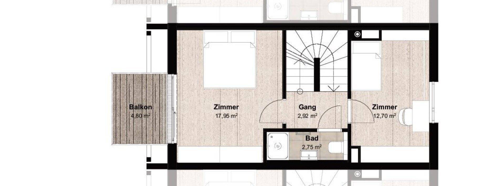 Grundriss Obergeschoss mit zwei Zimmern, Bad und Balkon.