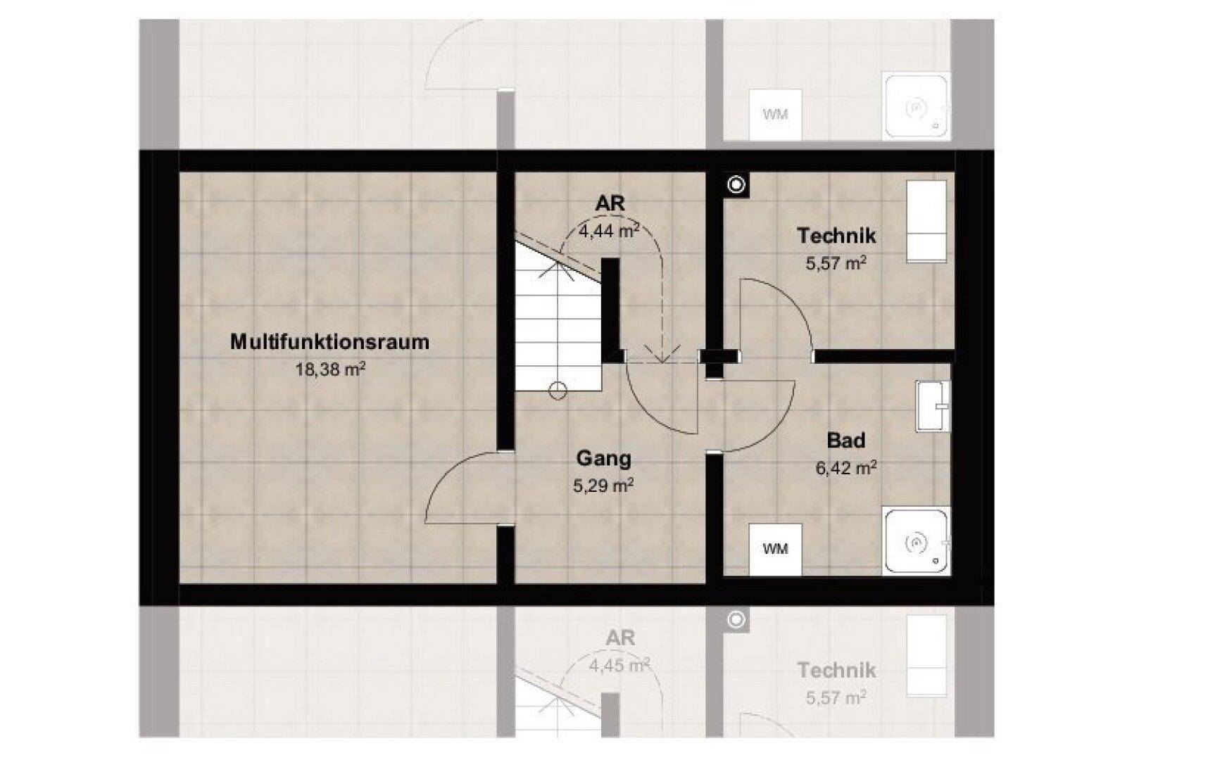 Grundriss Kellergeschoss mit Multifunktionsraum, Technikraum und Bad.