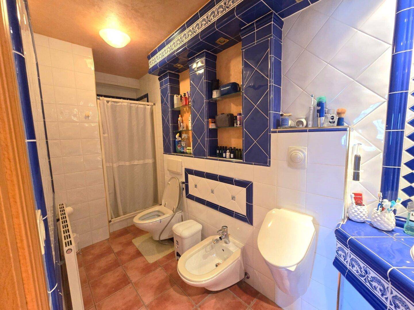 Badezimmer mit Dusche, Bidet, Urinal und auffälligen blauen und weißen Fliesen.