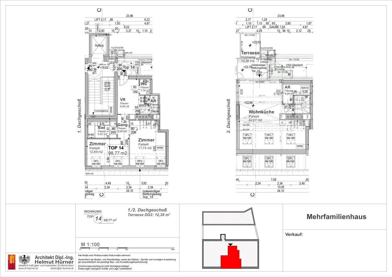 Grundrisspläne für ein zweistöckiges Dachgeschoss-Apartment mit Terrasse und Liftzugang.