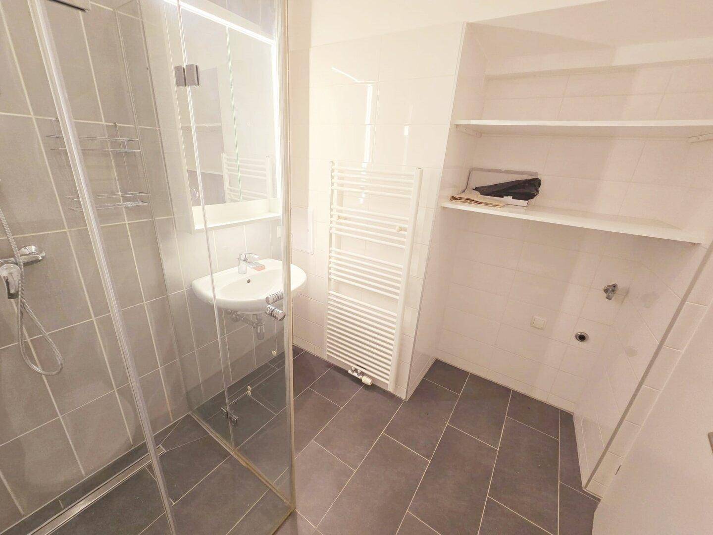 Modernes Badezimmer mit begehbarer Dusche, Einzelwaschbecken und beheiztem Handtuchhalter.