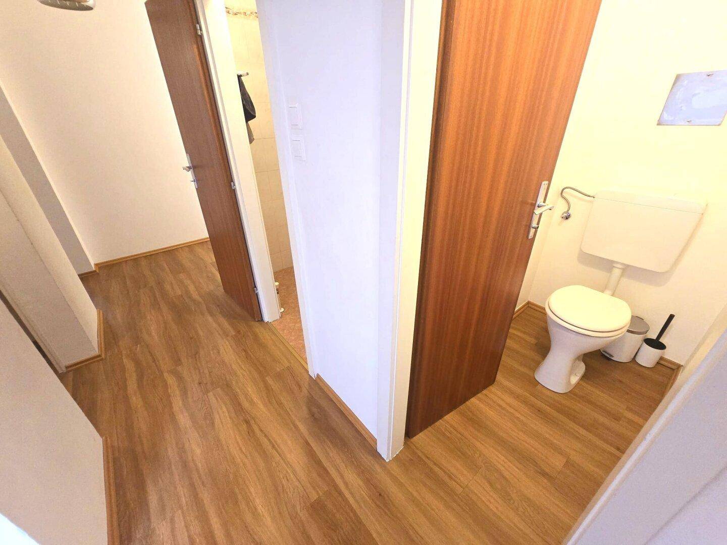 Separates WC mit Toilette und Holzlaminatboden, praktisch und funktional gestaltet.