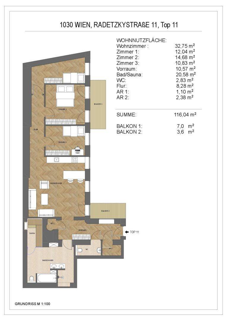 Detaillierter Grundriss der Wohnung mit Raumaufteilung, zwei Balkonen und integrierter Sauna.
