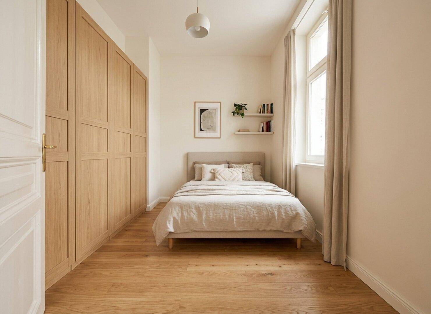 Gemütliches Schlafzimmer mit Holzboden, Einbauschränken und einem Fenster, das für natürliche Helligkeit sorgt.