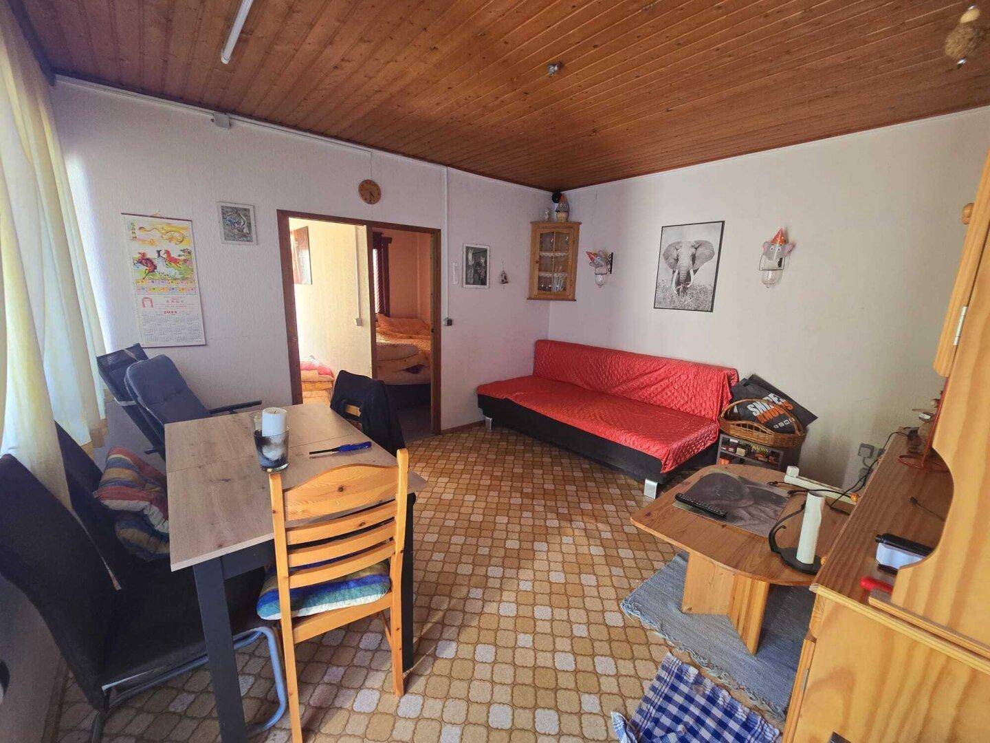 Wohn- und Essbereich mit gemusterten Fliesen, Holzdecke und einem roten Sofa.