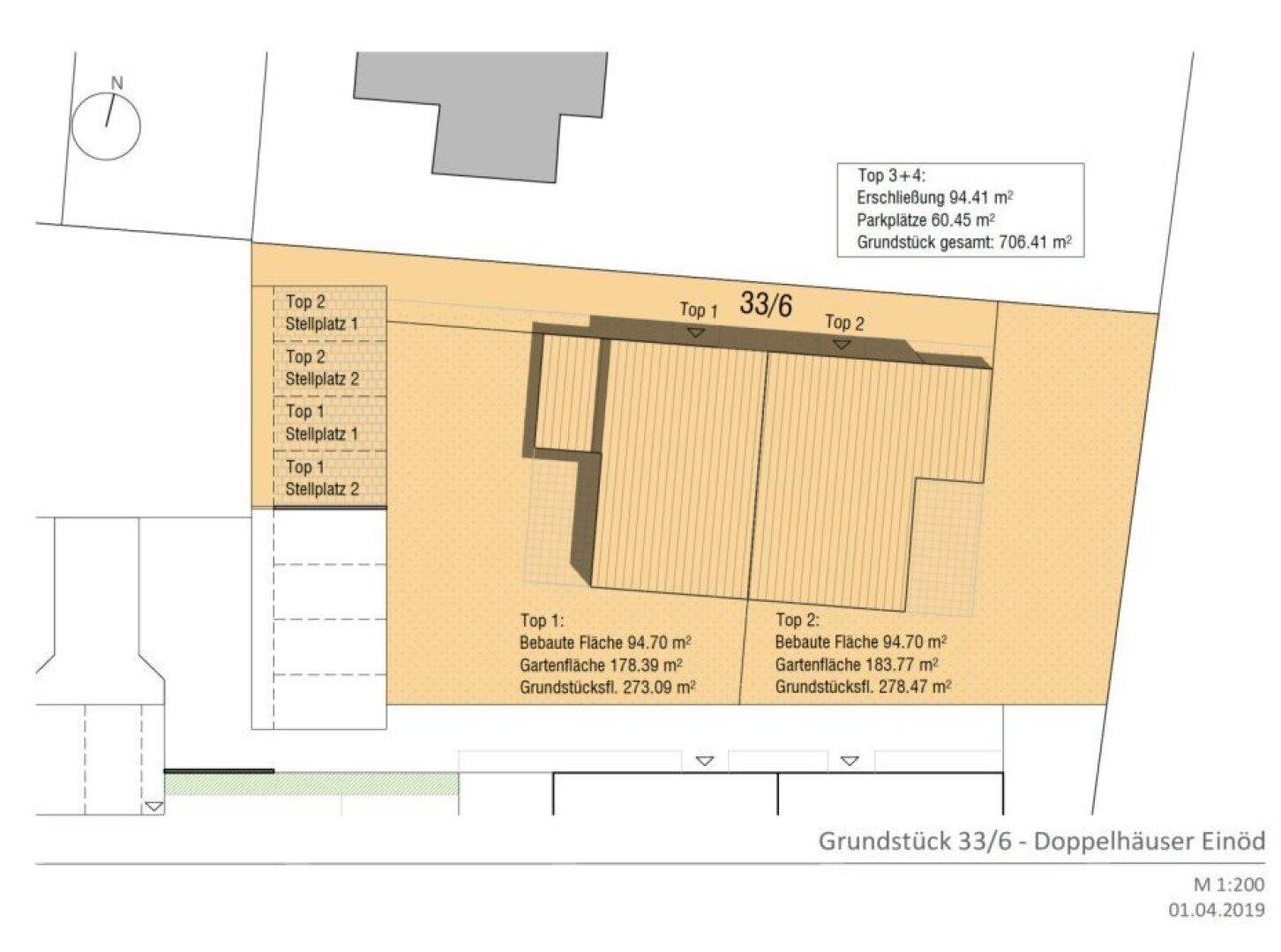 Lageplan des Grundstücks mit Doppelhäusern und Stellplätzen.