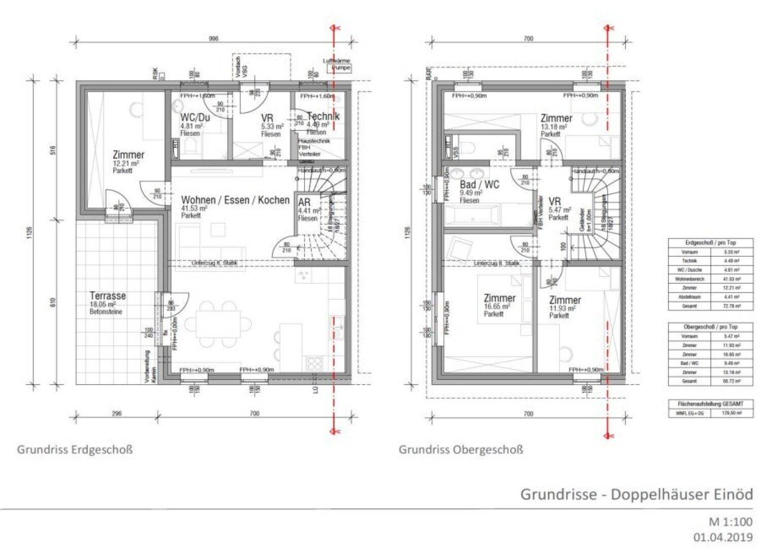 Grundriss des Erdgeschosses und Obergeschosses eines Doppelhauses.